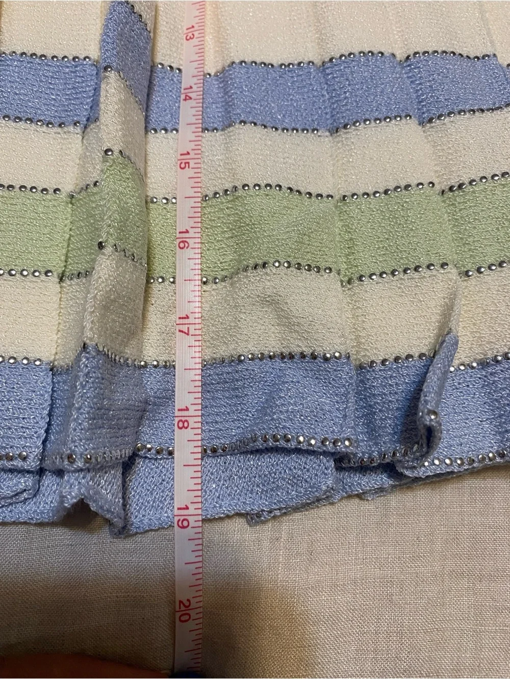 St. John Cream Knit Cardigan & Pleated Skirt with Blue and Mint Trim